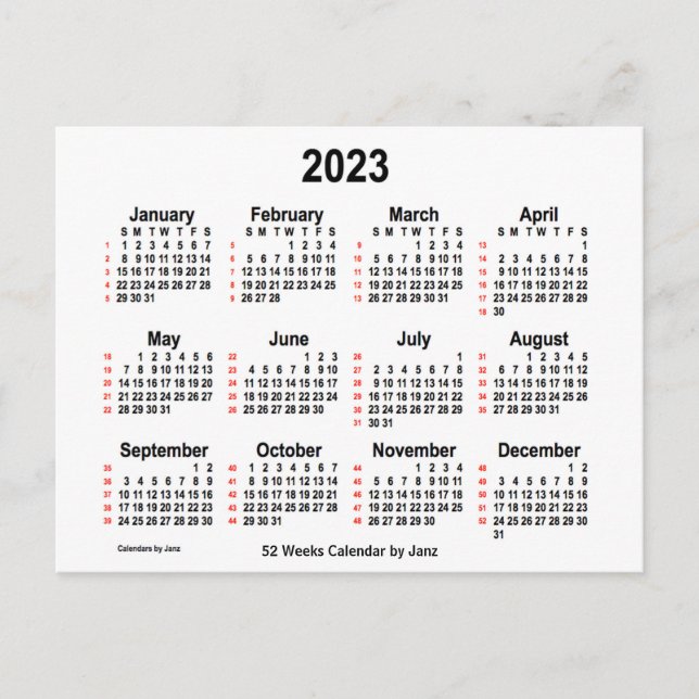 Cartão Postal Calendário branco de 52 semanas 2023 por Janz (Frente)