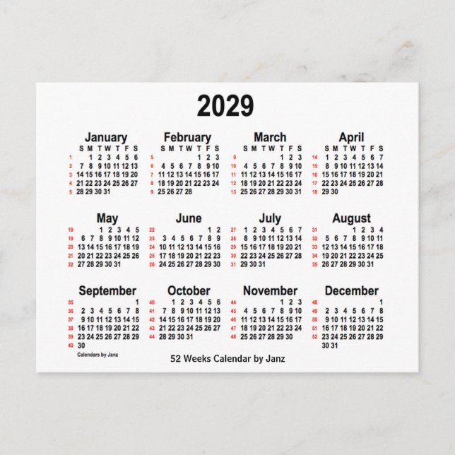 Cartão Postal Calendário branco de 52 semanas 2029 por Janz (Frente)