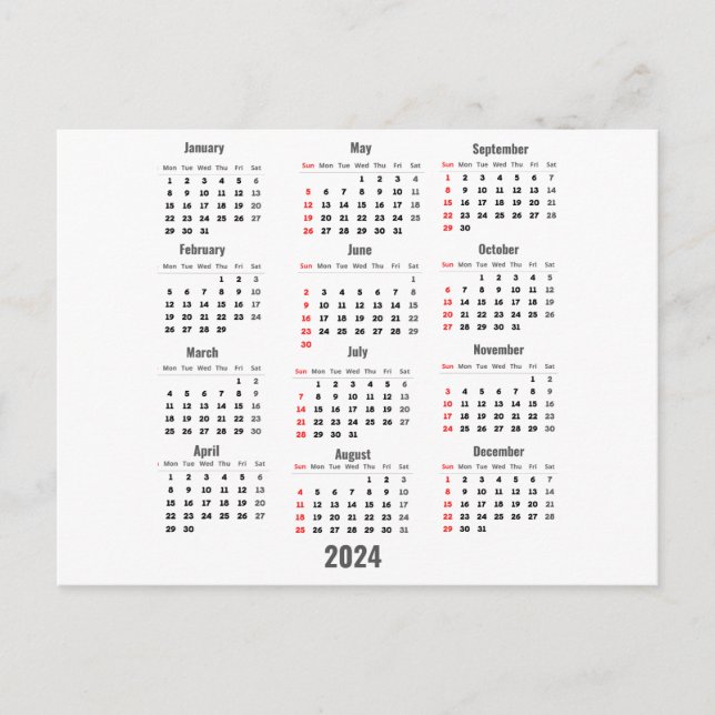 Cartão Postal Calendário Branco de 52 Semanas de 2024 (Frente)