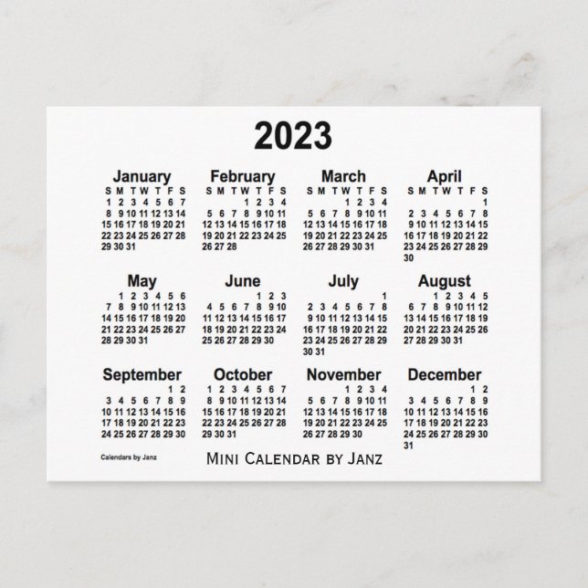 Cartão Postal Calendário Branco Mini 2023 de Janz (Frente)