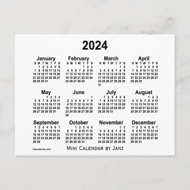 Cartão Postal Calendário Branco Mini 2024 por Janz (Frente)