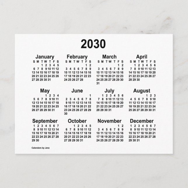 Cartão Postal Calendário Branco Mini 2030 por Janz (Frente)