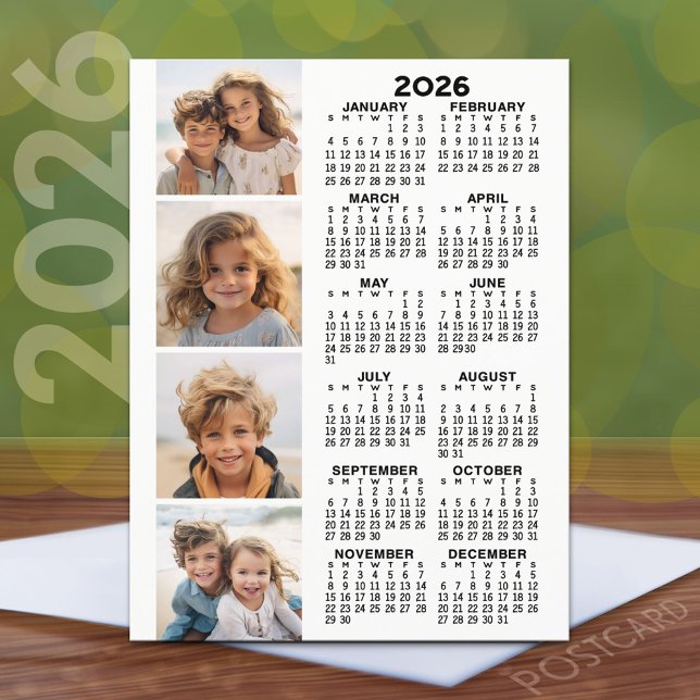 Cartão Postal Calendário com Colagem de 4 Fotos - Preto Branco (2026 Calendar Postcard)
