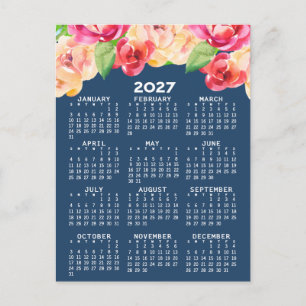 Cartão Postal Calendário com Flores de Aquarela Pintadas
