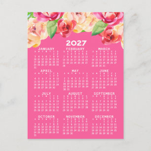 Cartão Postal Calendário com Flores de Aquarela Pintadas rosa