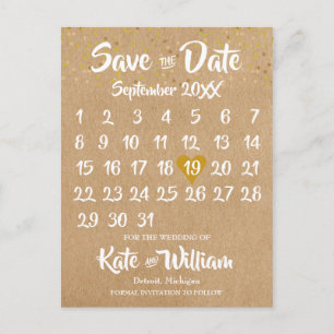 Cartão Postal Calendário Coração Dourado Rustic Kraft Salvar a D