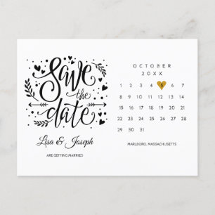 Cartão Postal Calendário Coração Dourado Salvar a Data