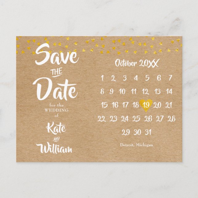 Cartão Postal Calendário Coração Rústico Boho Salve a Data (Frente)