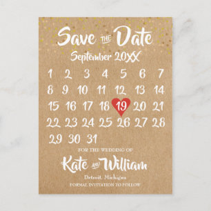 Cartão Postal Calendário Coração Vermelho Rustic Kraft Salvar a 