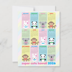 Cartão Postal Calendário de 2026 de Animais Super Cute Kawaii