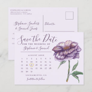 Cartão Postal Calendário de Casamento Roxo Elegante Salvar a Dat