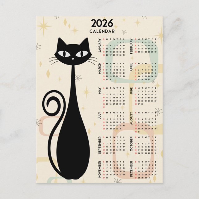 Cartão Postal Calendário de Meio século de Gato Negro Atômico 20 (Frente)