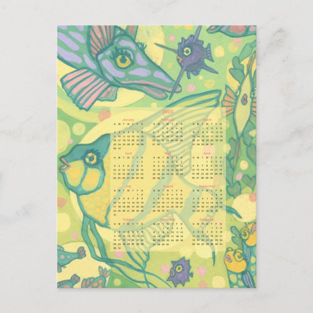 Cartão Postal Calendário de Peixes 2022 Animais do Mar Oceano Su (Frente)