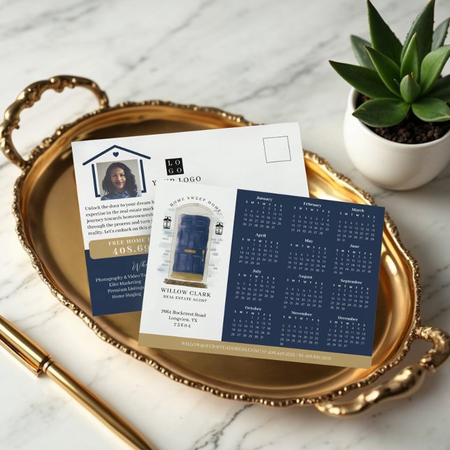 Cartão Postal Calendário de Portas de Aquarela do marinho 2025 (Navy Watercolor Door Real Estate Calendar 2025 Postcard)