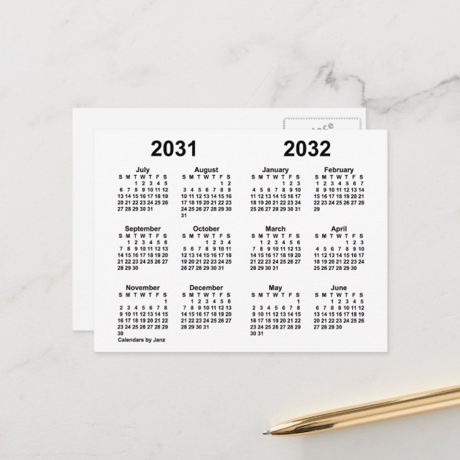 Cartão Postal Calendário do Ano Letivo Branco 2031-2032 por Janz (Frente/Verso In Situ)