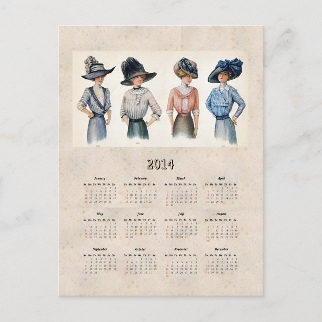 Cartão Postal Calendário do Bolso de Moda Edwardian 2014 (Frente)