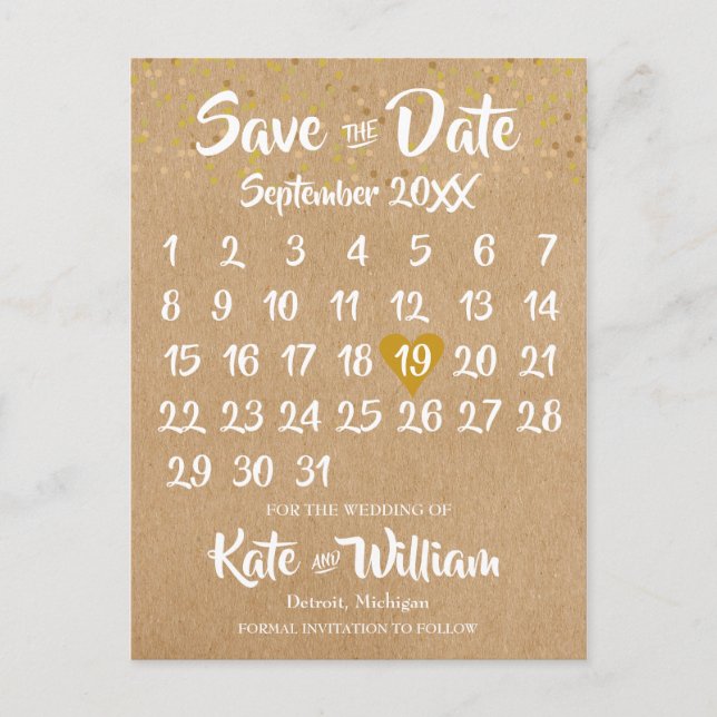 Cartão Postal Calendário Dourado do Coração Rustic Kraft Salvar  (Frente)