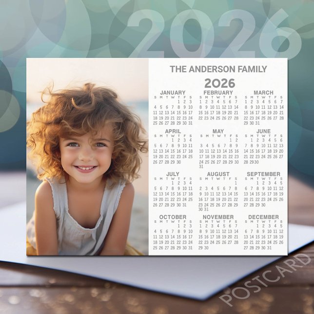 Cartão Postal Calendário - Exibição Moderna do Ano de Cheio de F (2026 Calendar Postcard)