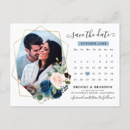 Cartão Postal Calendário Floral Blush marinho Azul Salvar a Data