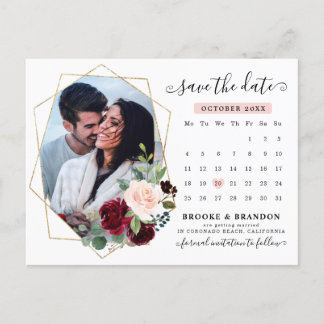 Cartão Postal Calendário Floral do Blush do Marinho Burgundy Sal
