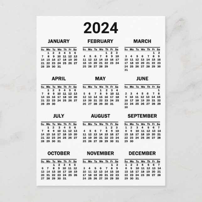 Cartão Postal Calendário geral de 2024 anos preto e branco simpl (Frente)