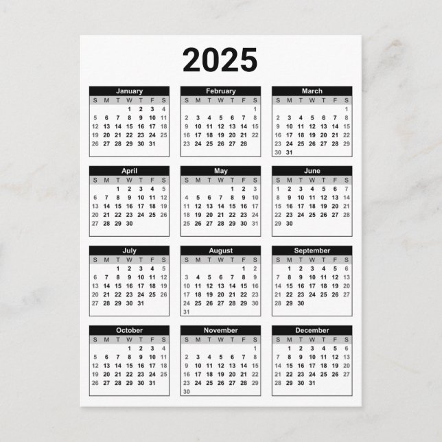 Cartão Postal Calendário geral de 2025 em preto e branco (Frente)