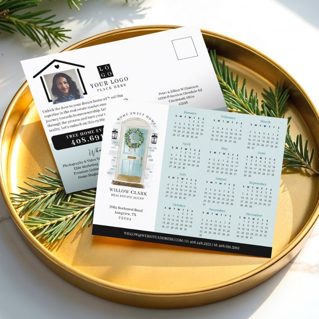 Cartão Postal Calendário Imobiliário Da Porta De Água Azul 2025 (Blue Watercolor Door Real Estate Calendar 2025 Postcard)