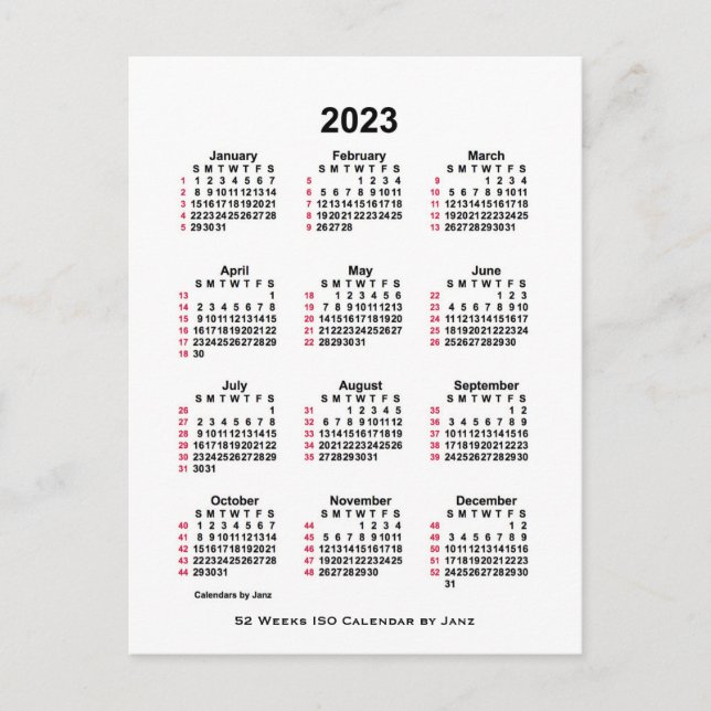 Cartão Postal Calendário ISO de 52 Semanas Branco 2023 por Janz  (Frente)