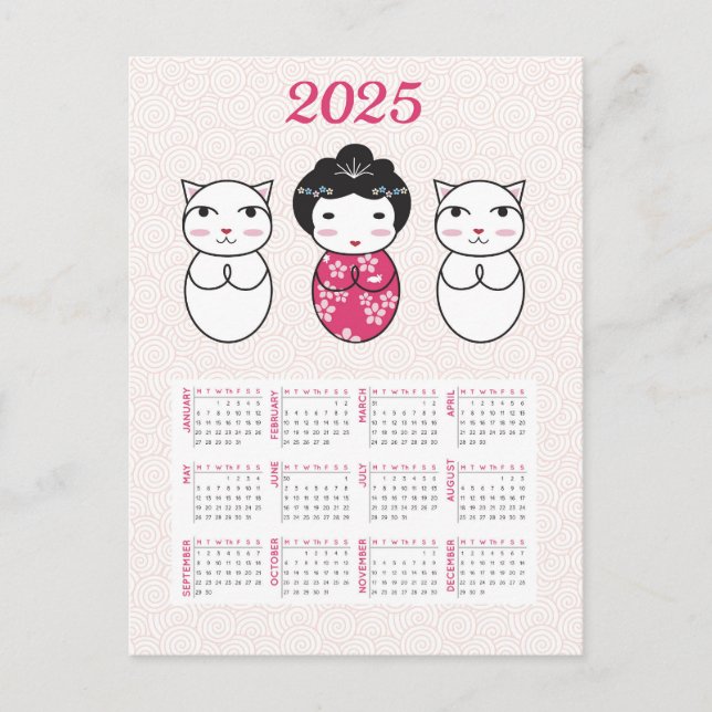 Cartão Postal Calendário Japonês da Boneca Kokeshi 2025 (Frente)