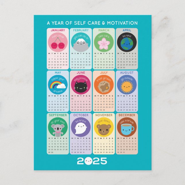 Cartão Postal Calendário Kawaii Motivation & Self Care 2025 (Frente)
