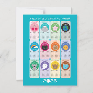 Cartão Postal Calendário Kawaii Motivation & Self Care 2026