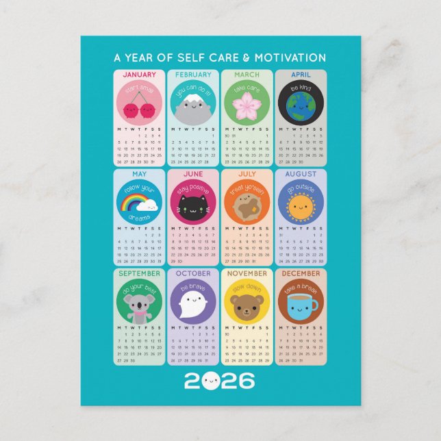 Cartão Postal Calendário Kawaii Motivation & Self Care 2026 (Frente)