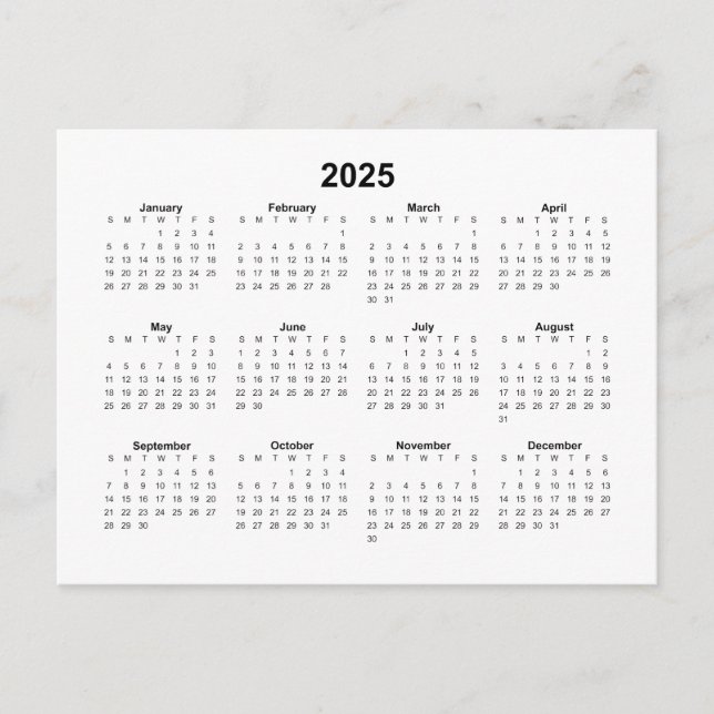 Cartão Postal Calendário Mensal Básico 2025 (Frente)