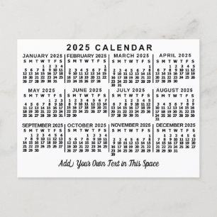 Cartão Postal Calendário mensal clássico branco e preto 2025 ano