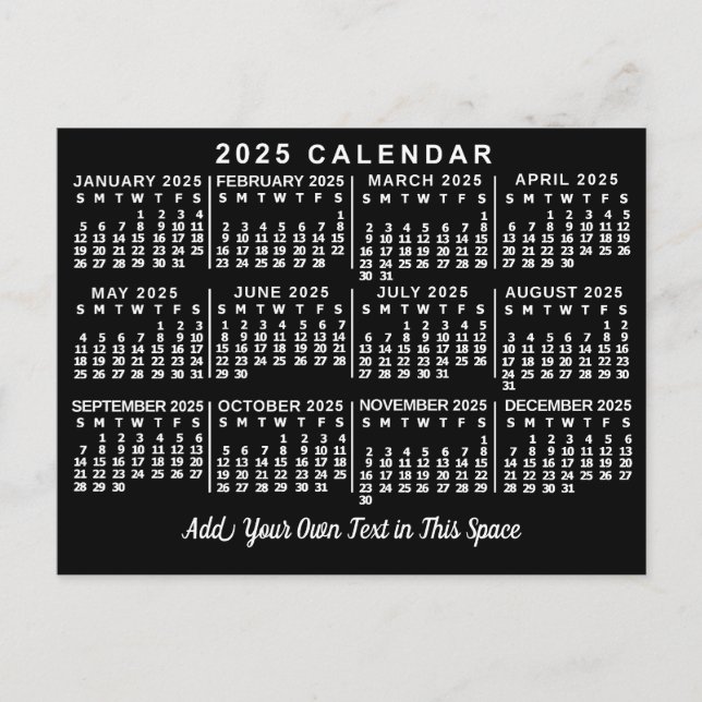 Cartão Postal Calendário Mensal do Ano 2025 Clássico Preto e Bra (Frente)