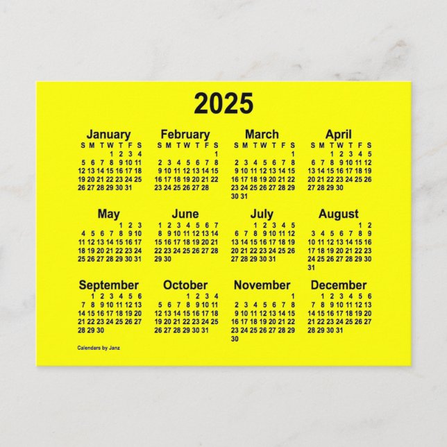Cartão Postal Calendário Mini Amarelo 2025 da Janz (Frente)