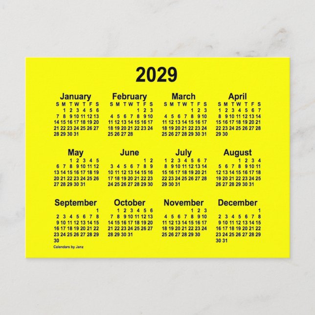 Cartão Postal Calendário Mini Amarelo 2029 da Janz (Frente)