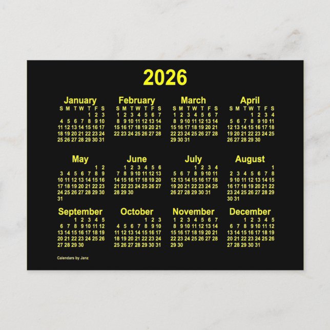 Cartão Postal Calendário Mini Amarelo Neon 2026 por Janz (Frente)
