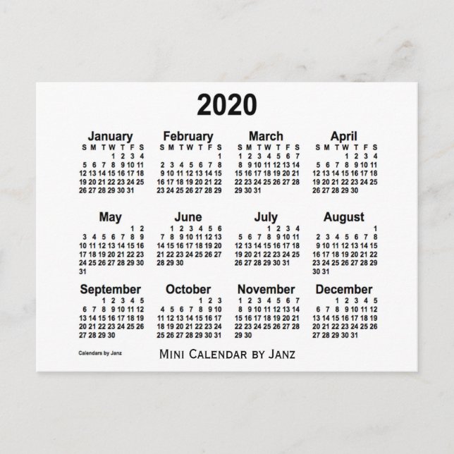 Cartão Postal Calendário Mini Branco 2020 por Janz (Frente)