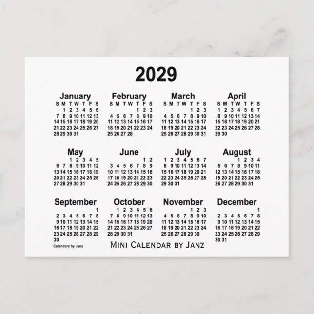 Cartão Postal Calendário Mini Branco 2029 da Janz (Frente)