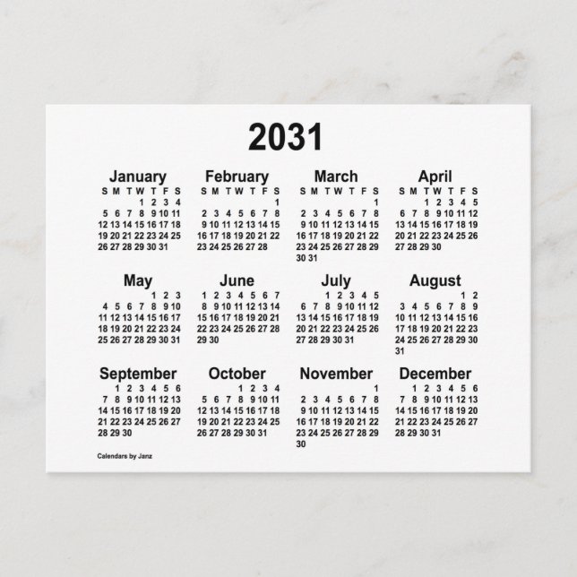 Cartão Postal Calendário Mini Branco 2031 da Janz (Frente)