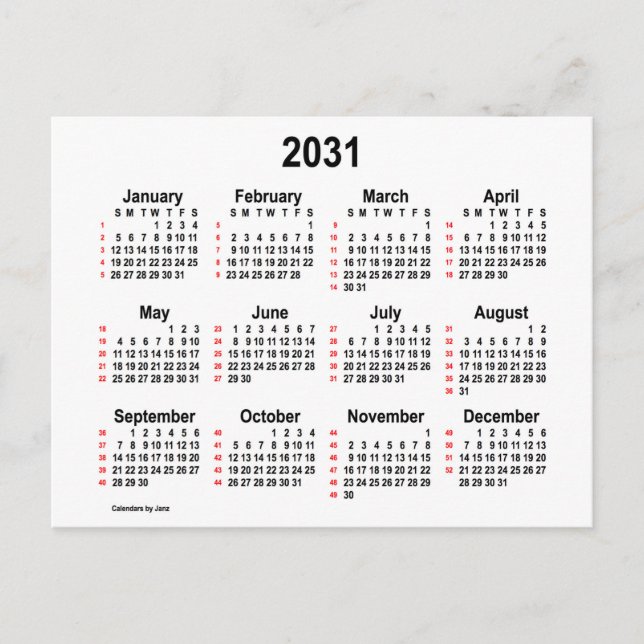 Cartão Postal Calendário Mini de 52 Semanas de 2031 Branco por J (Frente)