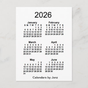Cartão Postal Calendário Mini de 6 Meses Branco 2026 por Janz