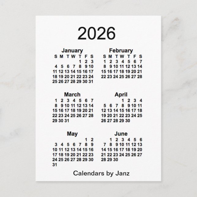 Cartão Postal Calendário Mini de 6 Meses Branco 2026 por Janz (Frente)