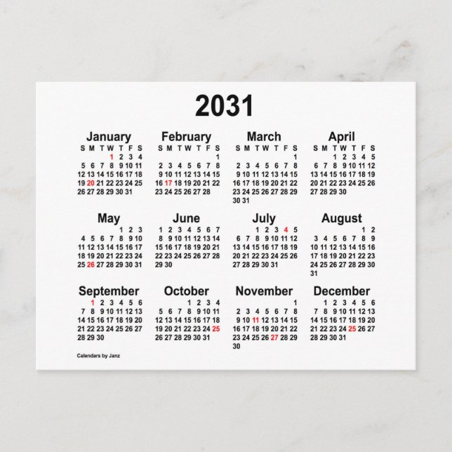 Cartão Postal Calendário Mini Férias 2031 por Janz (Frente)