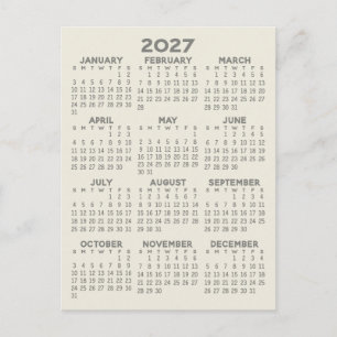 Cartão Postal Calendário Mínimo 2027 - Vista Anual Cinza Bege