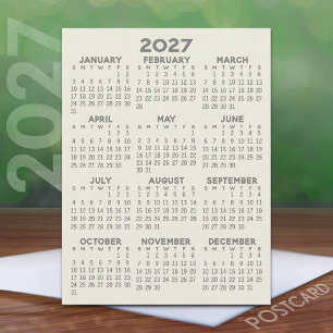 Cartão Postal Calendário Mínimo 2027 - Vista Anual Cinza Bege