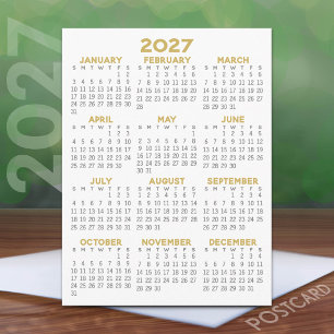 Cartão Postal Calendário Mínimo 2027 - Vista Anual Cinza Dourado
