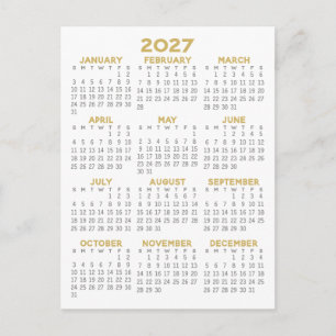 Cartão Postal Calendário Mínimo 2027 - Vista Anual Cinza Dourado