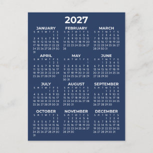Cartão Postal Calendário Mínimo Azul Marinho Simples Básico de 2